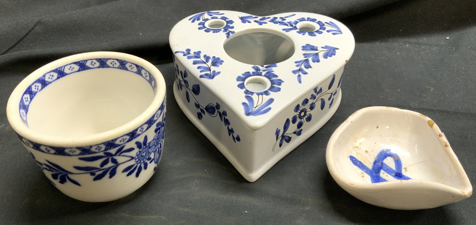 Lot 3 WINTERTHUR Heart Form Inkwell W Lid & More: Underside of inkwell is marked WINTERTHUR ADAPTATION. Piece is white toned, porcelain with lid and floral & leaf detail. Lot also includes vessel marked JACKSON CHINA COOKS HOTEL & RESTAURANT SUPPLY C