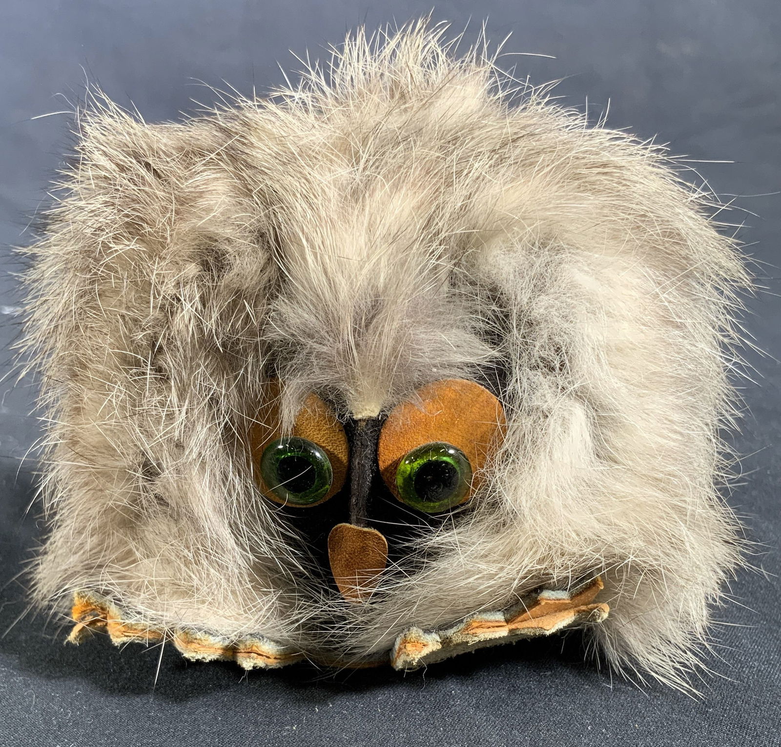 Fluffy Owl Troll Folk Art Fabric Figural: Fabric and fur figural. Figural depicts a fluffy owl or troll like figure with big eyes. Figural measures approx. 4.5 W x 3.5 H x 2.5 D in. Minor wear to fur, shedding expected. Figural, owl figural,