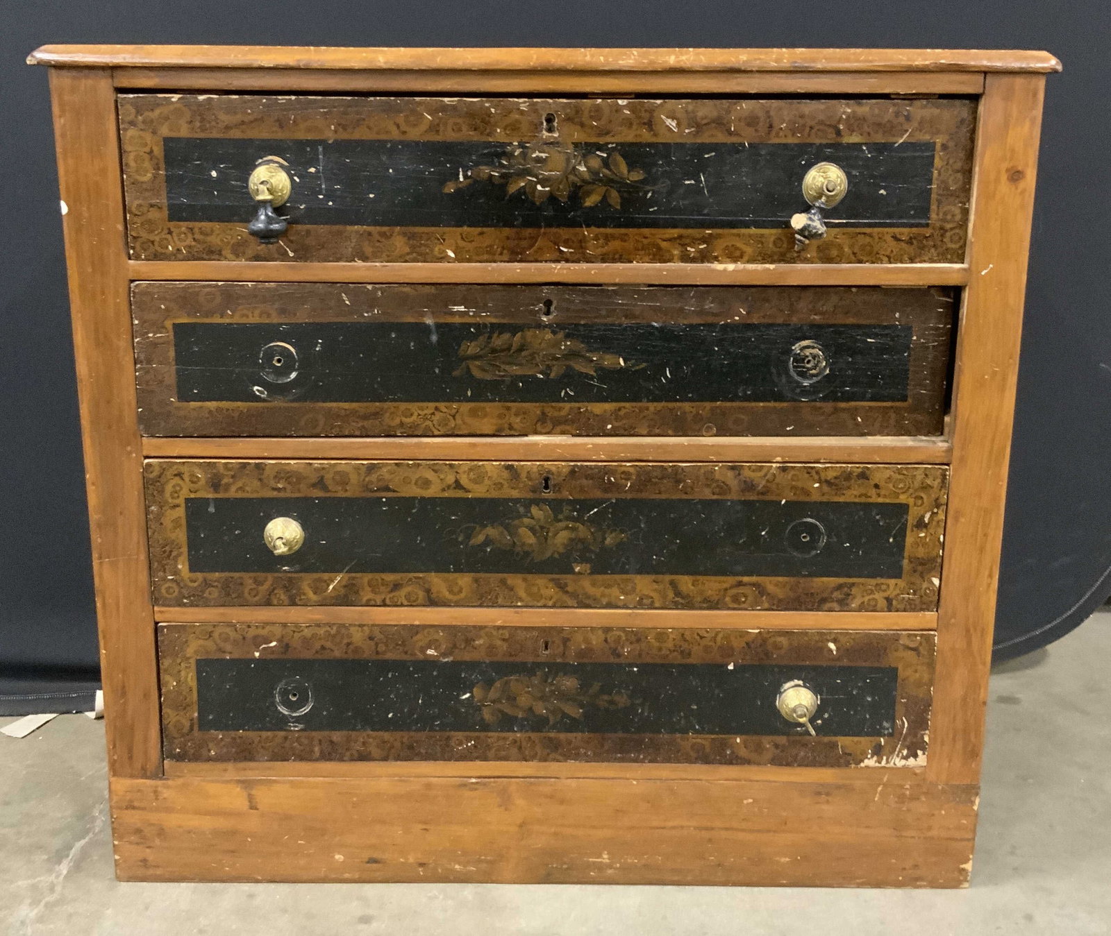 Antique Wooden Dresser W 4 Drawers: Dresser is antique & wooden. Piece has 4 drawers. Some drawers have gilt metal & black toned wood pulls. Dresser measures approximately 35 inches tall 38 inches wide 18 inches deep. Dresser, antique d