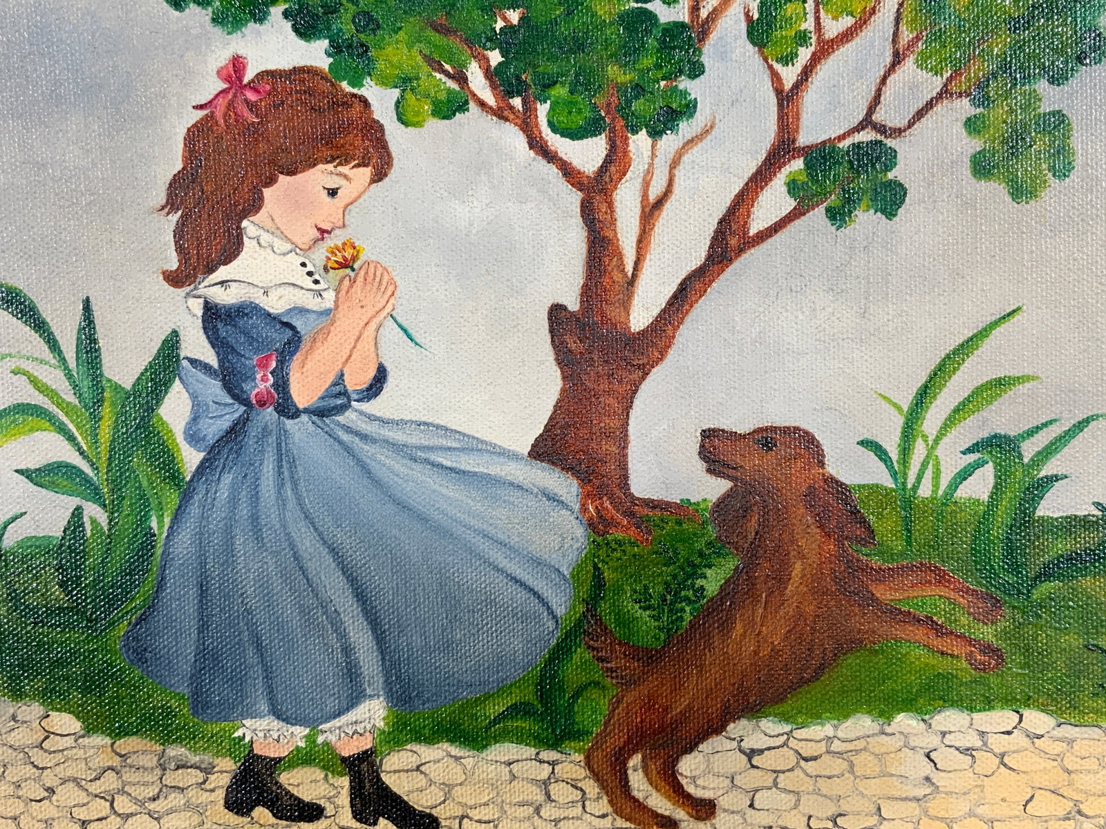 Framed Childrens Nursery Girl & Dog Oil Painting: Oil painting on canvas. Subject depicts a girl in a Victorian dress holding a flower and her dog running in front of her. Framed in a brown wooden frame with a gilt accent on inner window. Frame measu