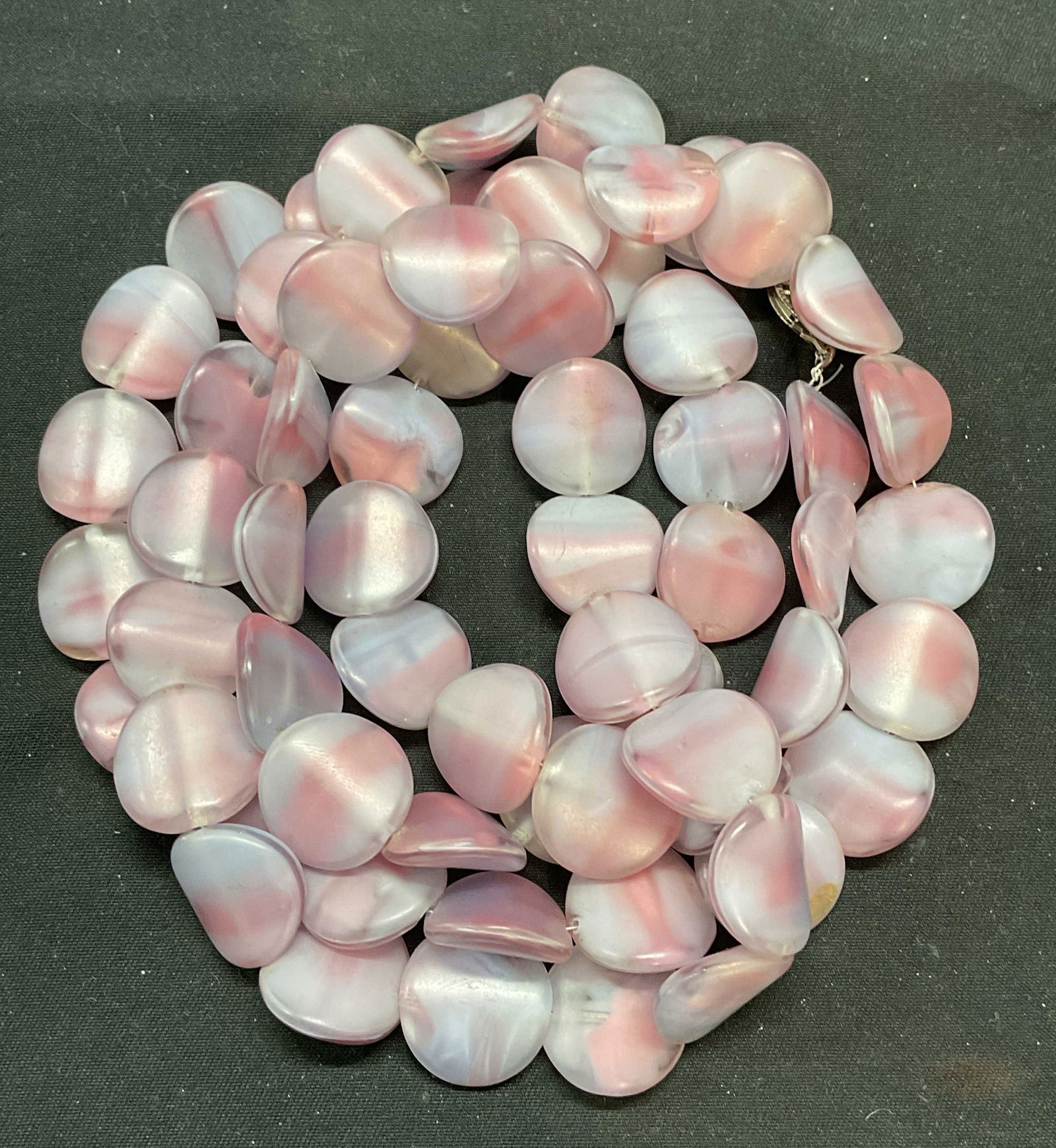 Vintage Purple Glass Beaded Necklace: Vintage purple toned glass beaded necklace. Drop length approx. 18 inches. Some surface wear including scratching observed. Jewelry, estate jewelry, costume jewelry, cocktail jewelry, fashion jewelry,