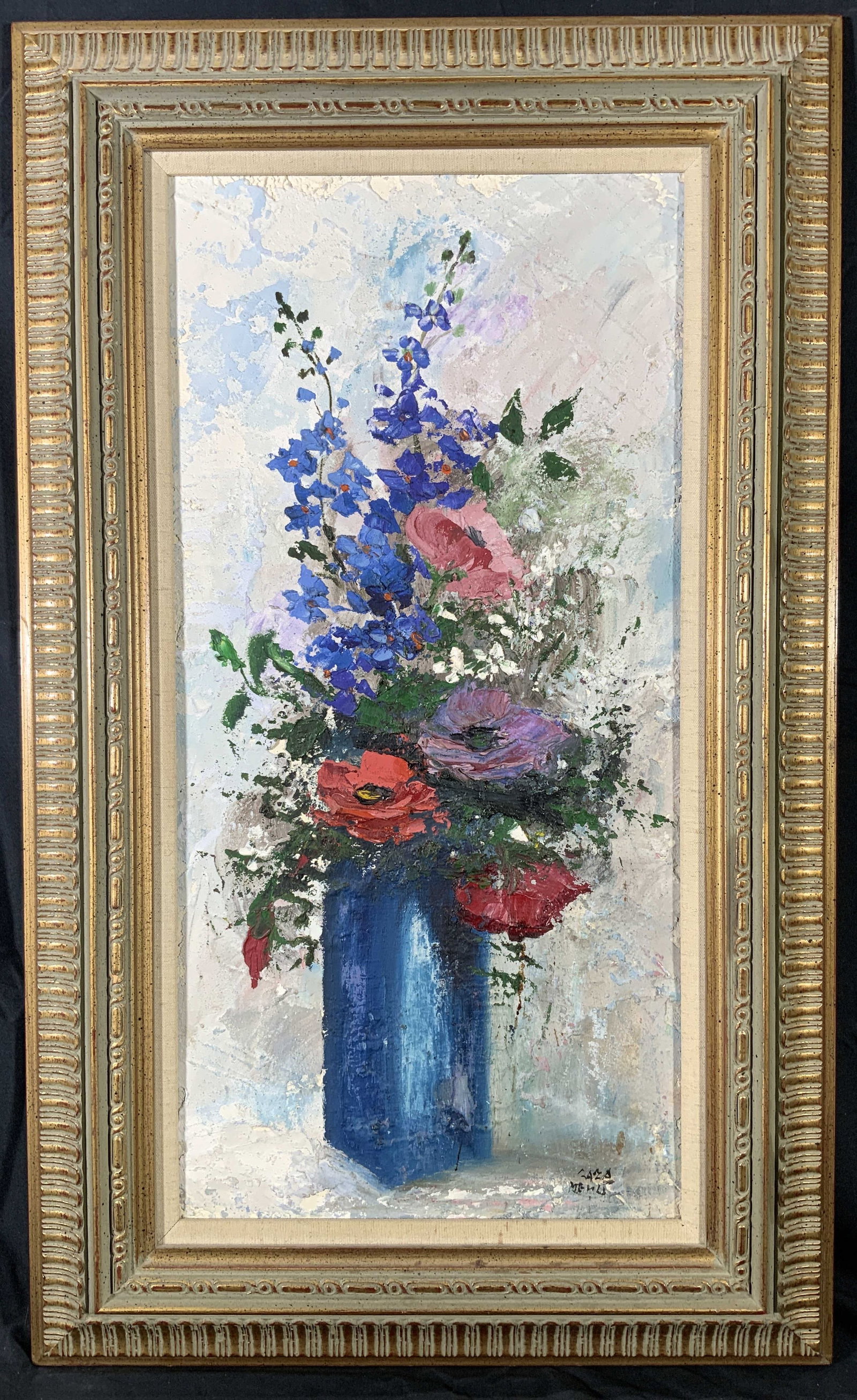 Zaza Meuli Flowers in Vase Still Life Oil Painting: Oil painting on board. Art by Zaza Meuli. Signed in lower right corner. Subject depicts a still life of a vase of flowers. Framed in a gilt wooden frame with raised patterned motifs. Frame measures ap