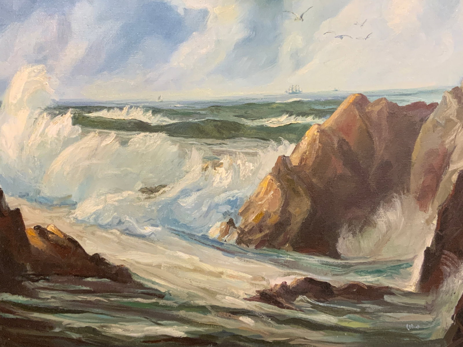 Sgnd Richard Blauvelt Coe Rocky Waves Oil Painting: Oil painting on canvas. Art by Richard Blauvelt Coe. Signed in lower right corner. Possibly dated 1974. Subject depicts a landscape of a rocky shore with waves crashing against the rocks. Framed in a 