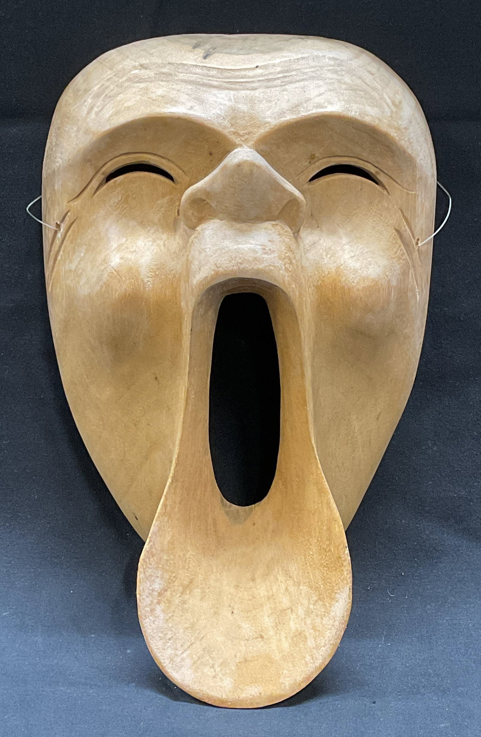 Asian Carved Wood Hibiscus Face Mask: Asian carved wooden Hibiscus mask. Face with wide opened mouth. Measures approx. 8.75 x 5.5 inches. Some surface wear including scratching observed. Asian mask, wood mask, hibiscus mask, collectibles,