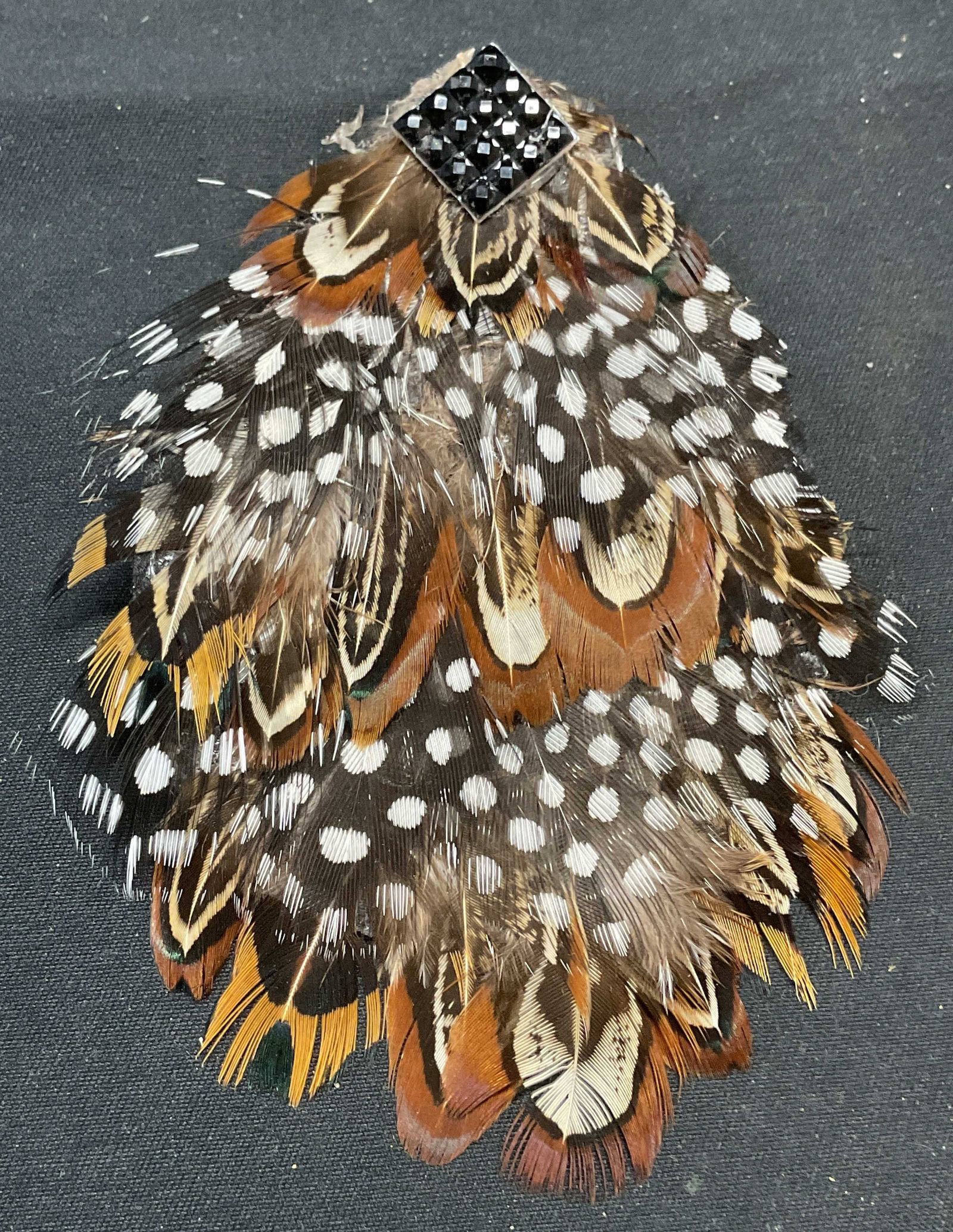Vintage Handmade Natural Feather & Crystal Clip: Vintage handmade natural feather and black crystal decorated clip. Measures approx. 4 x 3 inches. Includes box. Some wear including shedding to feather observed. Clip, hair clip, ladies clip, ladies f