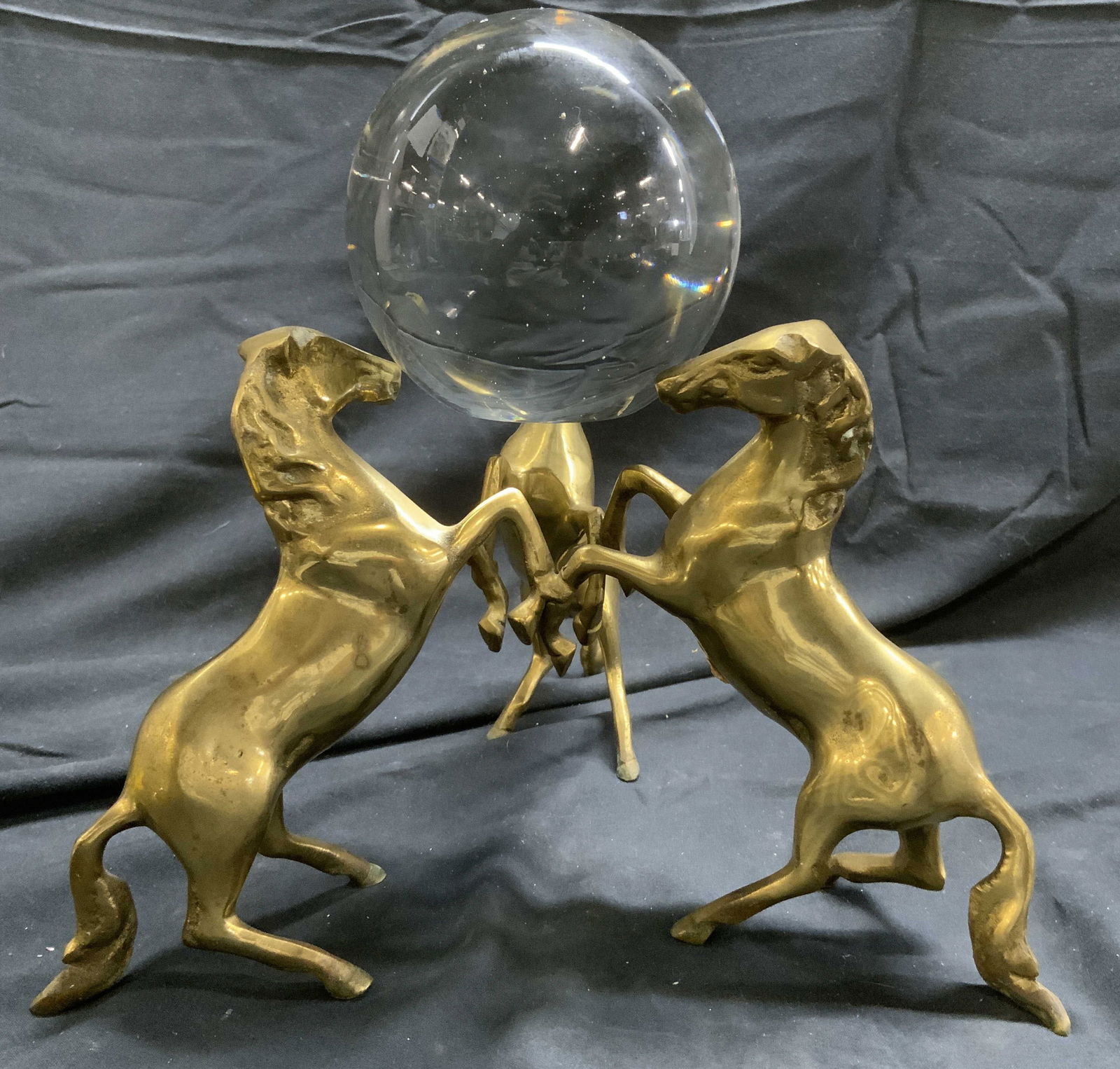 Vntg MCM Brass Horses Stand W Crystal Orb (1 of 8)