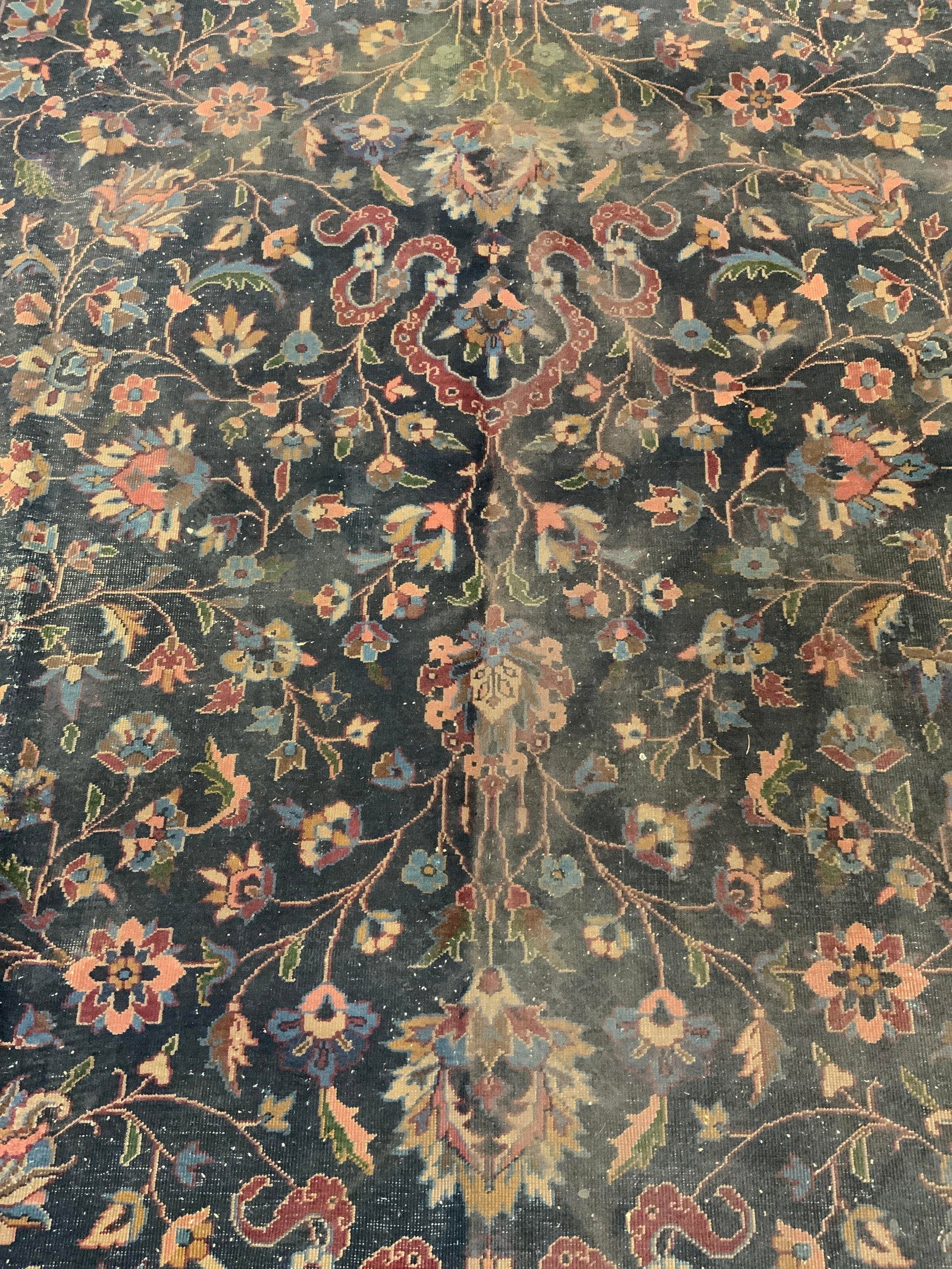 Antique Handmade Persian Wool Rug Ovr Size: Rug is handmade and wool. Piece is antique . Rug has intricate multi toned geometric detail. Rug has is over sized. Piece appears to be Persian. Piece measures approximately 142 inches long 109 inches