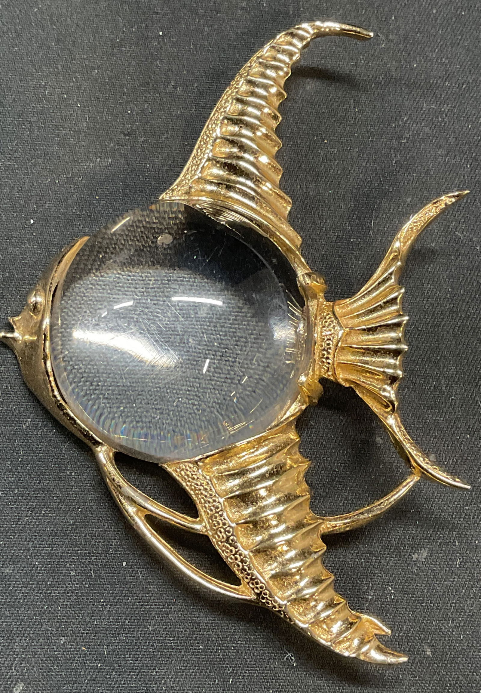 Vntg Cathe Gold Tone Lucite Jelly Belly Fish Brooch: Vintage Cathe jelly belly fish brooch. Gold tone with clear lucite cabochon. Signed on underside. Hinge pin on underside. Measures approx. 3.25 x 2.5 inches. Some surface wear including scratching obs