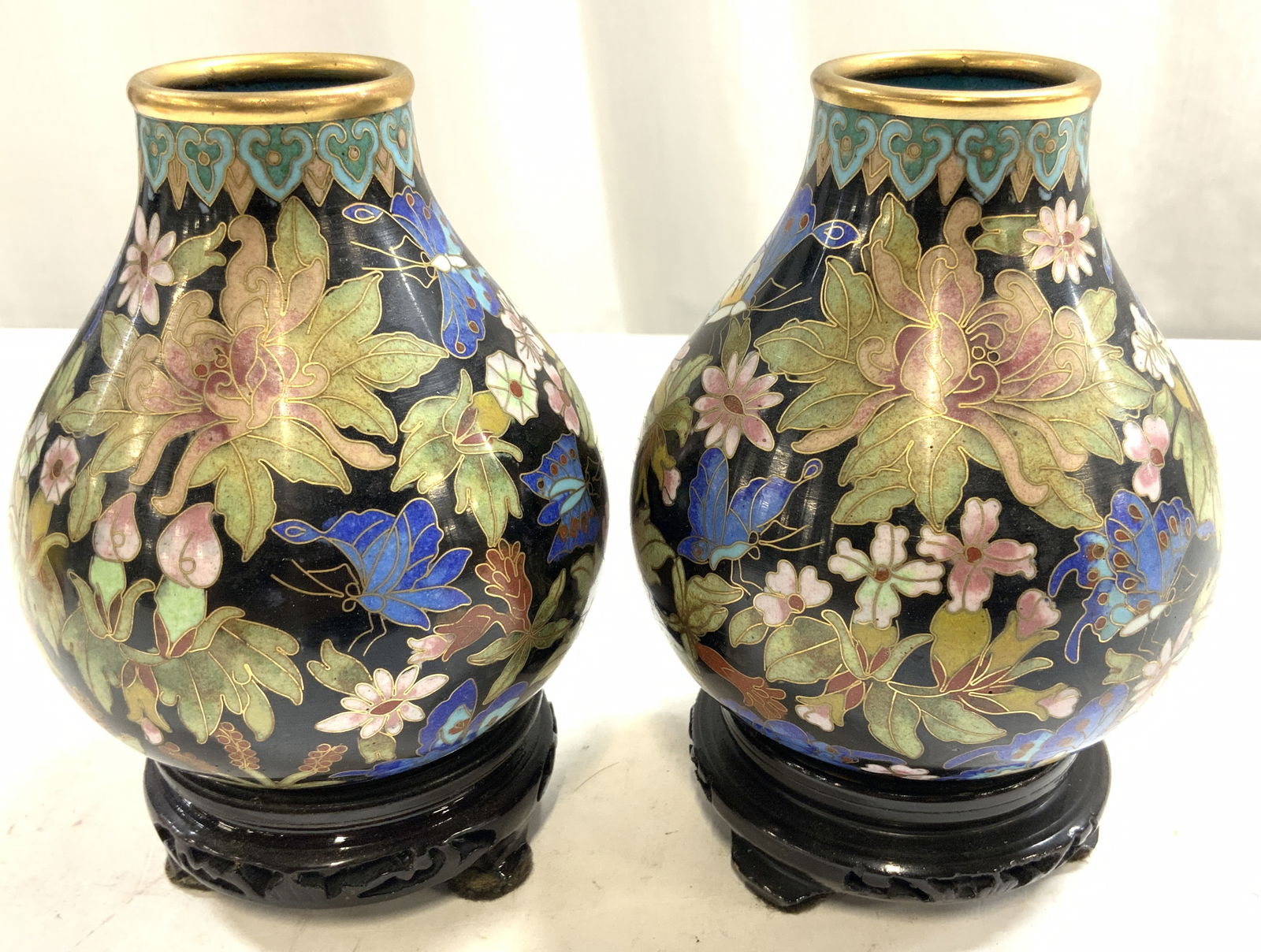 Pr Asian Cloisonne Vases W Stands (1 of 8)