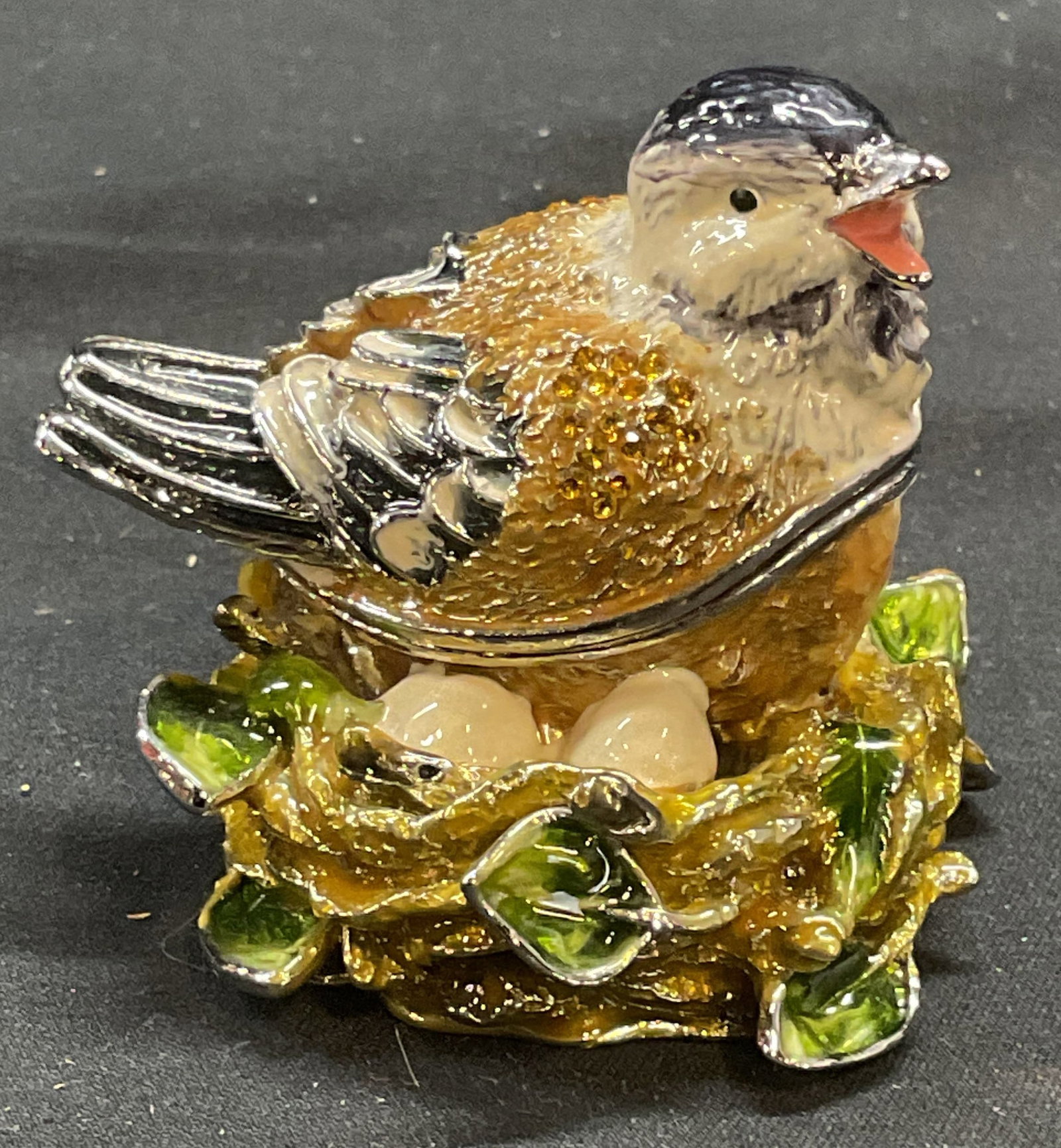 Keren Kopal Bird & Nest Enameled Trinket Box: Keren Kopal bird and nest motif enameled trinket box with crystal decoration. Signed on interior. Measures approx. 2 x 2 x 2.25 inches. Includes presentation box with lining and fitted compartment. So