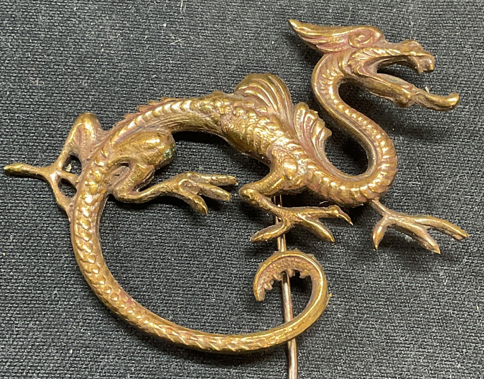 Vintage Copper Dragon Stick Pin: Vintage copper dragon motif stick pin. Measures approx. 3 x 1.75 inches. Some surface wear including scratching and patina observed. Jewelry, estate jewelry, costume jewelry, cocktail jewelry, fashion