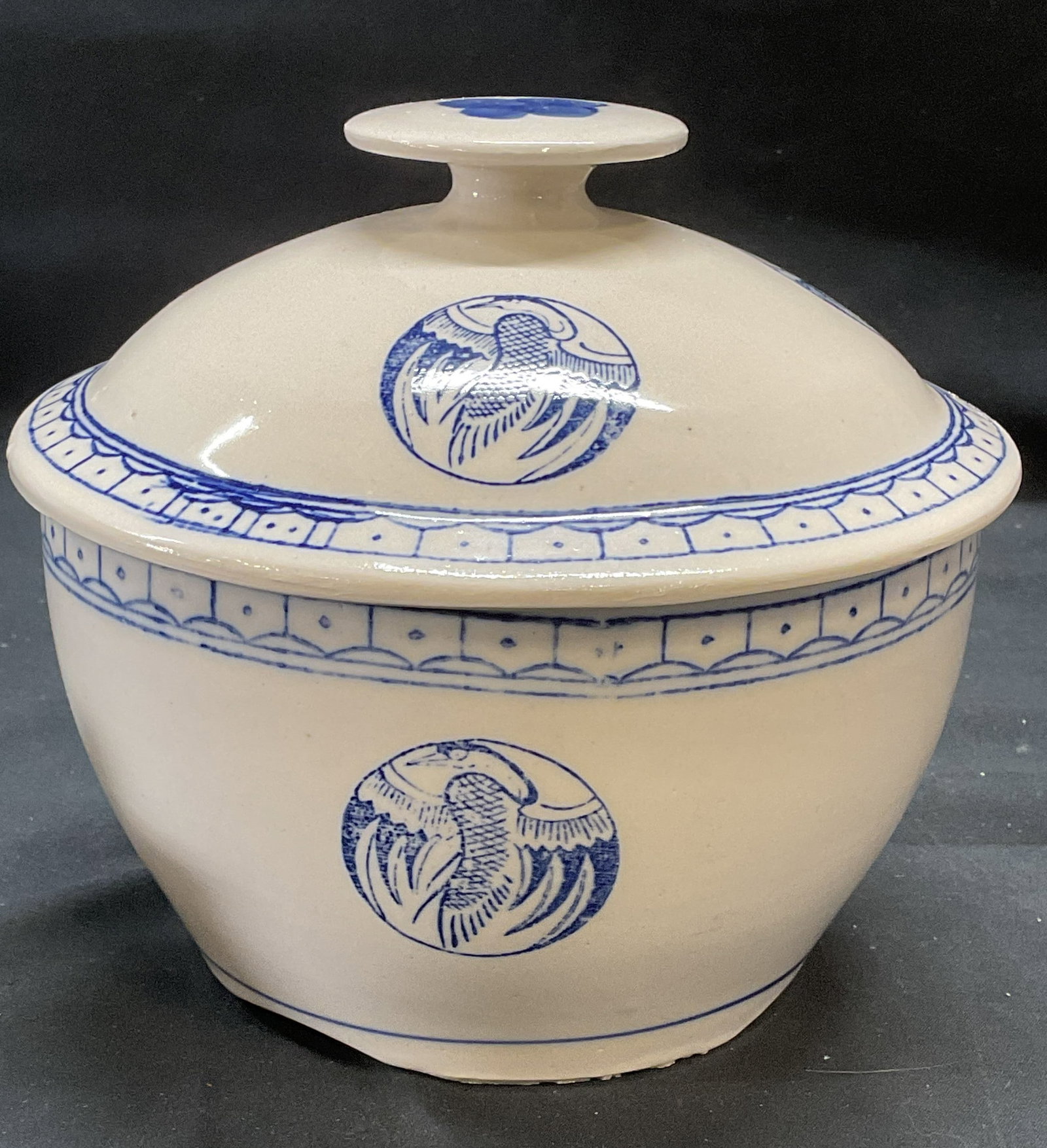 Vintage Chinese porcelain Crane Rice Bowl: Vintage Chinese porcelain rice bowl with lid. Blue and white with Transferware crane pattern. Measures approx. 6.5 x 4 inches excluding lid. Some surface wear including crazing observed. Rice bowl, Ch
