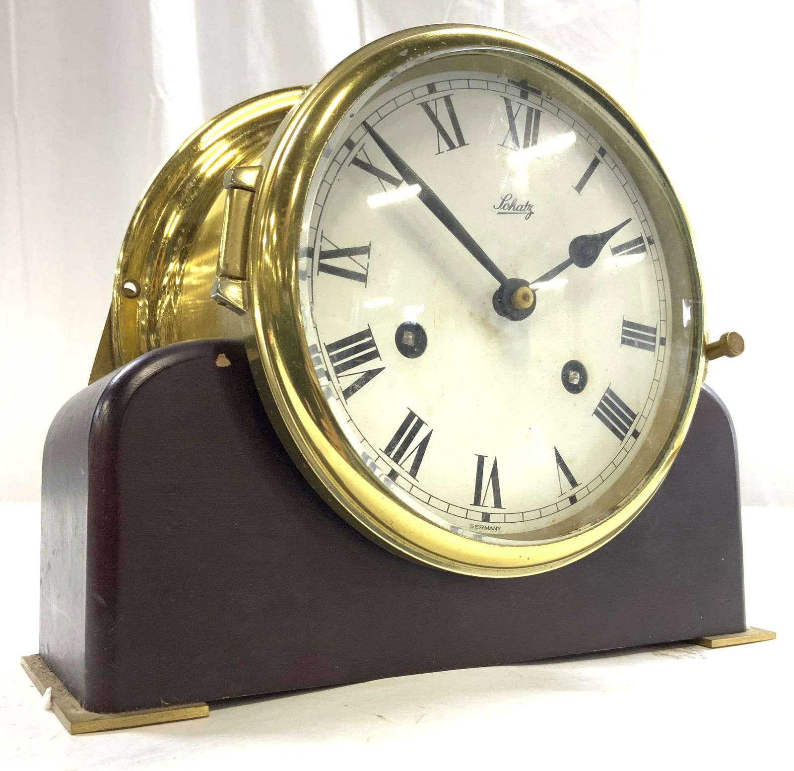 SCHATZ Atq Brass Ships Clk W Wood Base GERMANY (1 of 12)