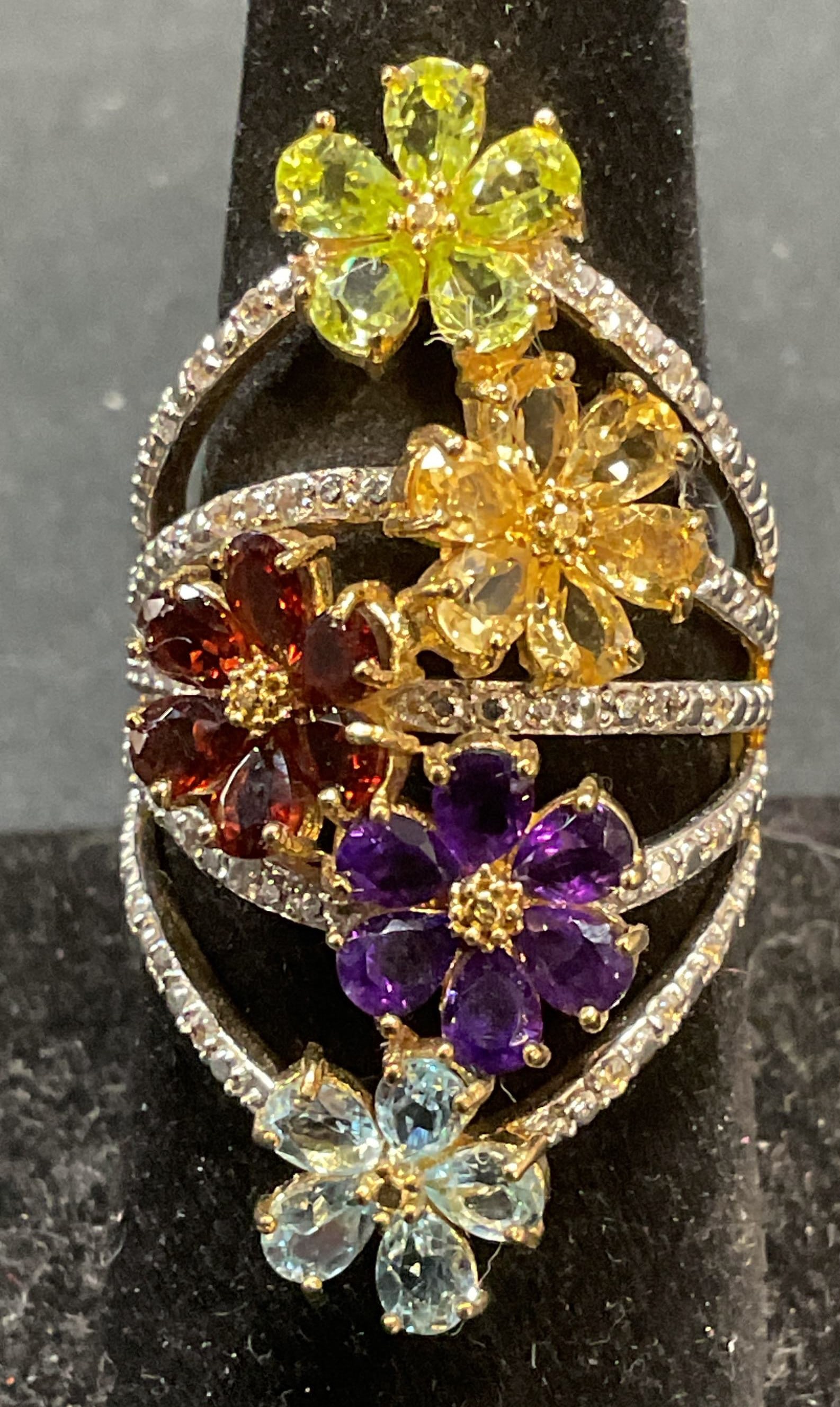 Gold Tone Multicolor Crystal Flower Cocktail Ring (1 of 6)