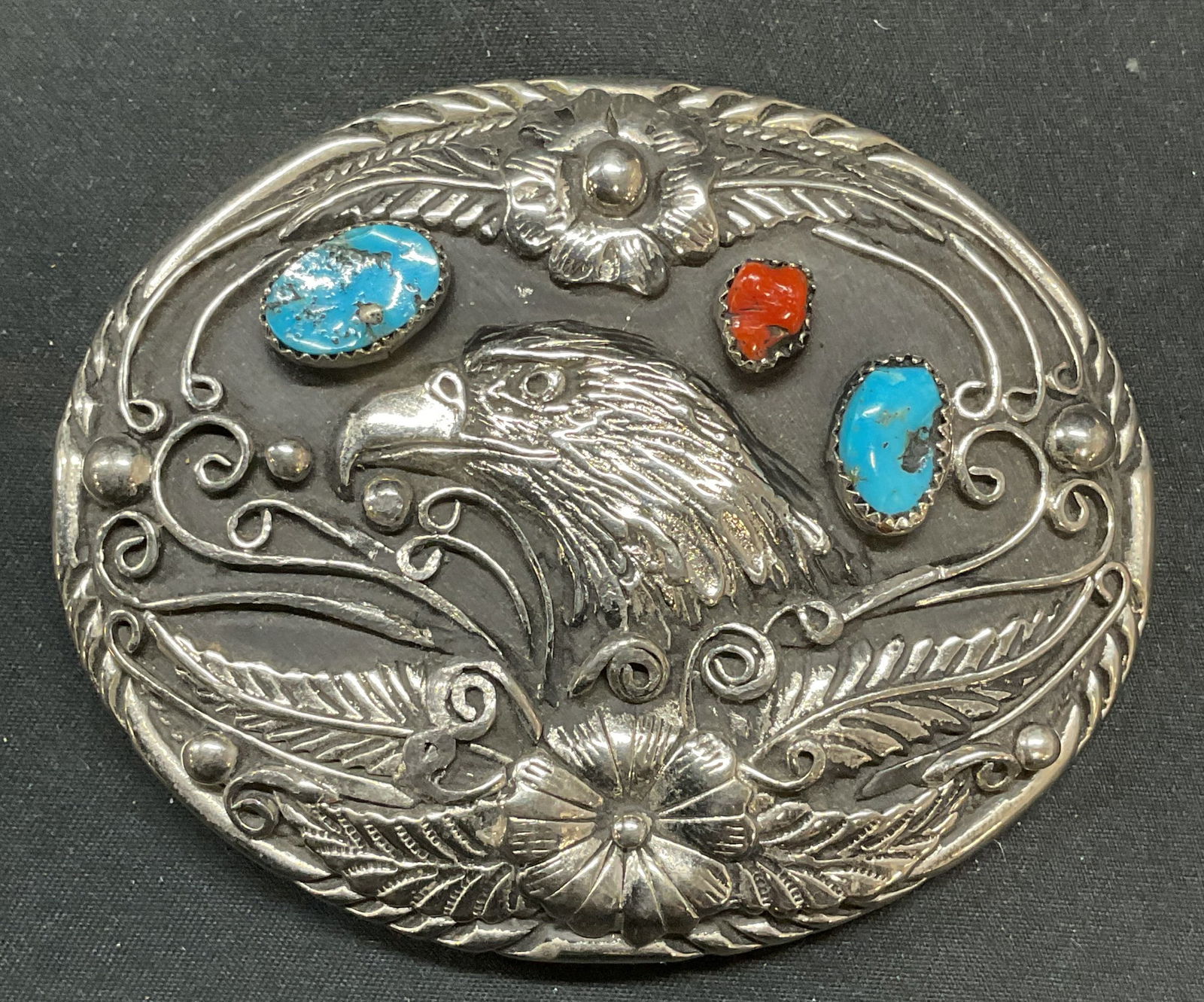 ISS Silver Tn Eagle Turquoise & Coral Belt Buckle (1 of 6)