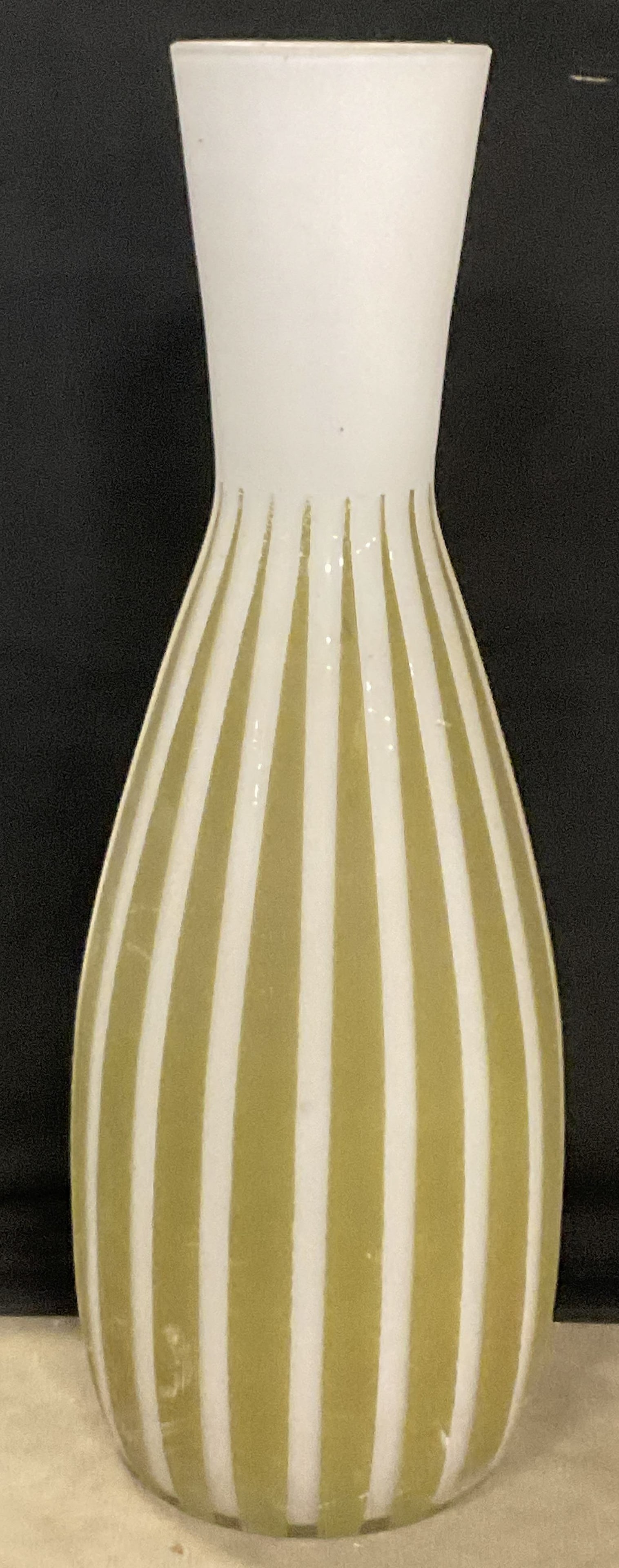 XL Striped Art Glass Vase, 22.5 Inch Height: XL striped art glass vase. White with green hued stripes. Measures approx. 22.5H x 6W in. Measured at widest point. Losses to paint and surface wear present. home decor, home accents, homewares, house