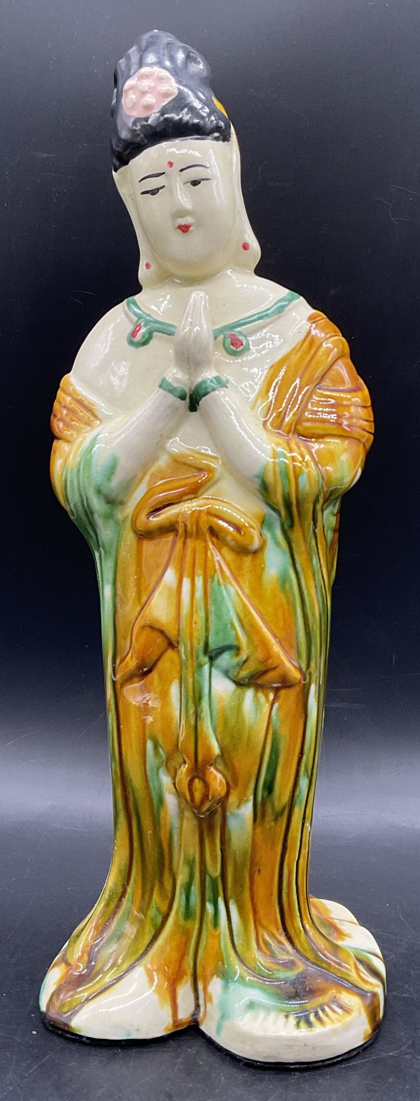 Vntg Ceramic Guan Yin Buddhist Bodhisattva Figural: Guan Yin, the Buddhist bodhisattva, ceramic hand painted figural. Measures approx. 14H x 5W in. Crazing, pitting, losses to paint, and surface wear present. home decor, home accents, homewares, housew