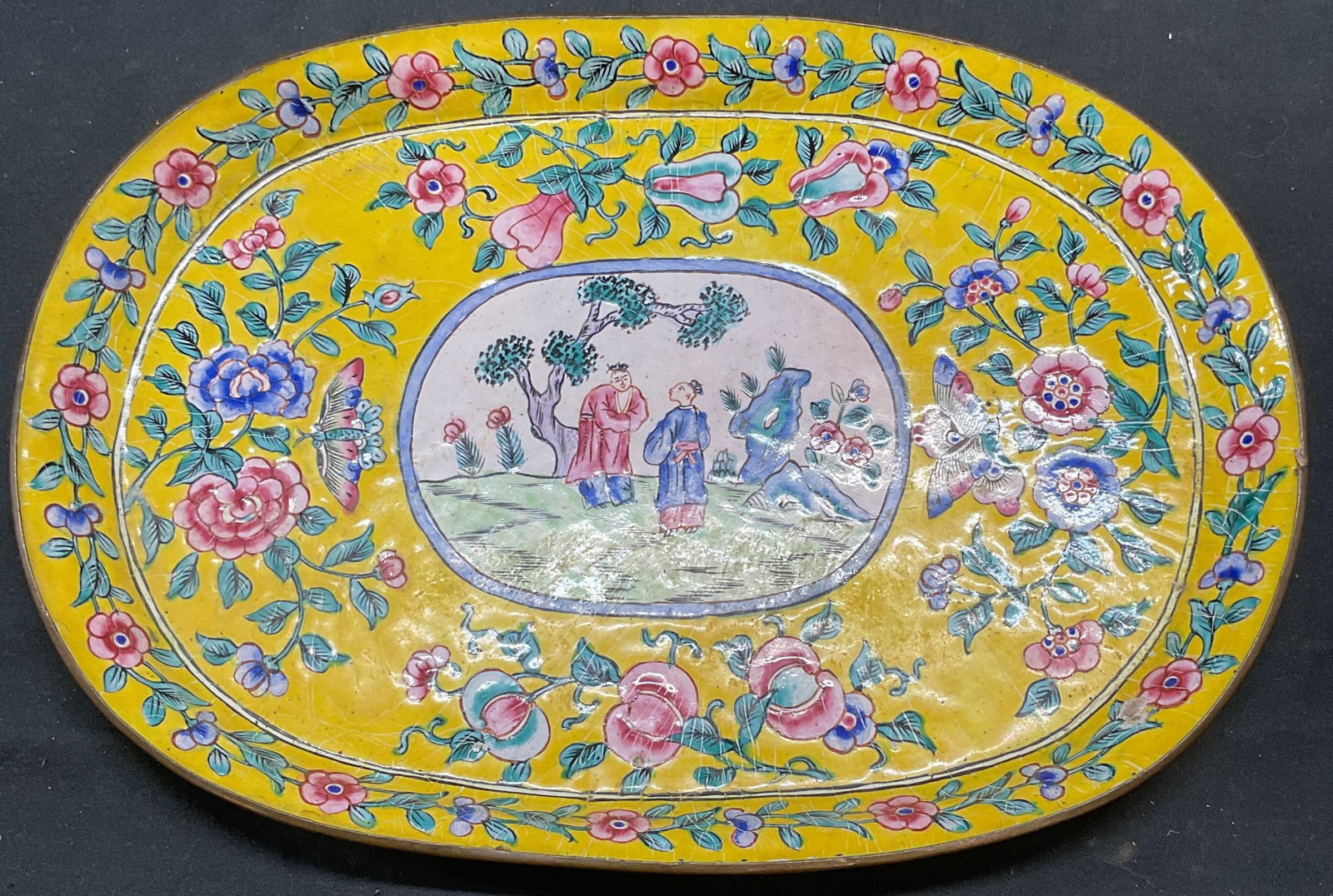 Vtg Chinese Yellow Enamel Floral Figural Platter (1 of 7)