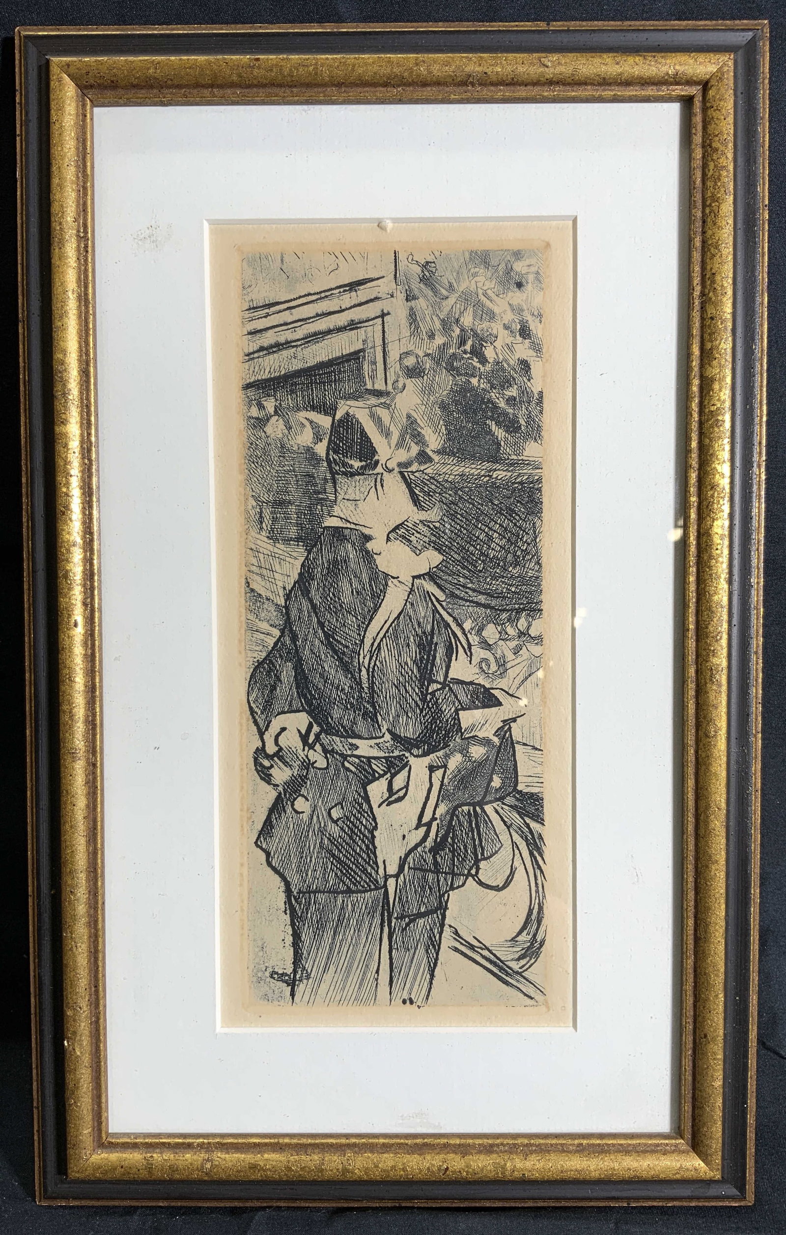 Jacques Villon The Guard in Moulin Rouge Etching: Etching on paper. Certification of authenticity on verso. Art by Jacques Villon. Titled The Guard in Moulin Rouge. Subject depicts a guard on duty looking out at a crowd of people passing. Framed in a