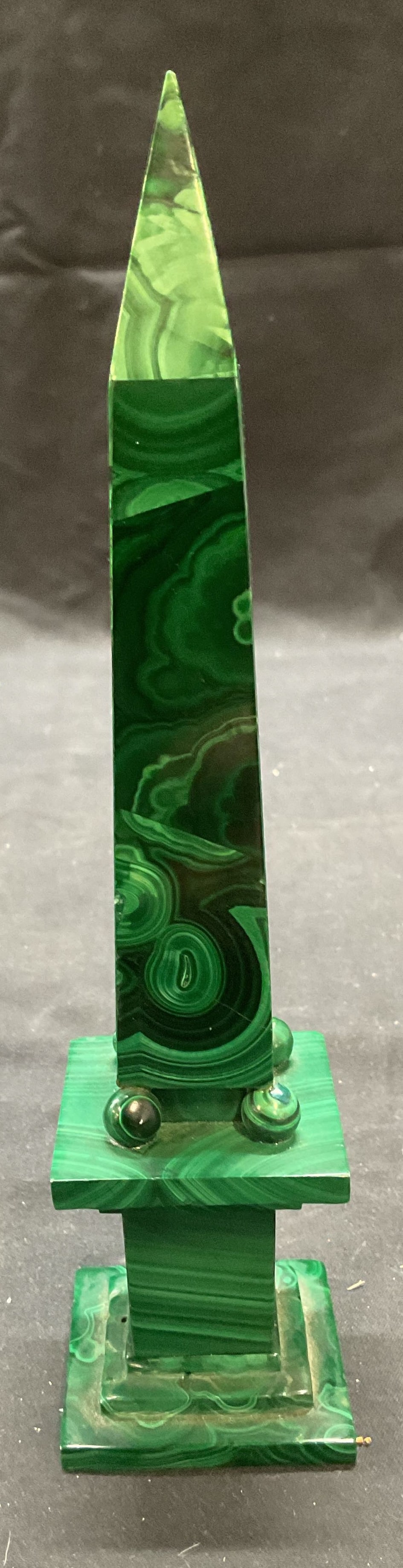Vintage Handmade Malachite Style Obelisk: Vintage handmade malachite style obelisk. Composite material, possibly glass. Measures approx. 1.75 x 7.5 inches. Surface wear including scratching, chipping, and previous repairs observed. Obelisk, h