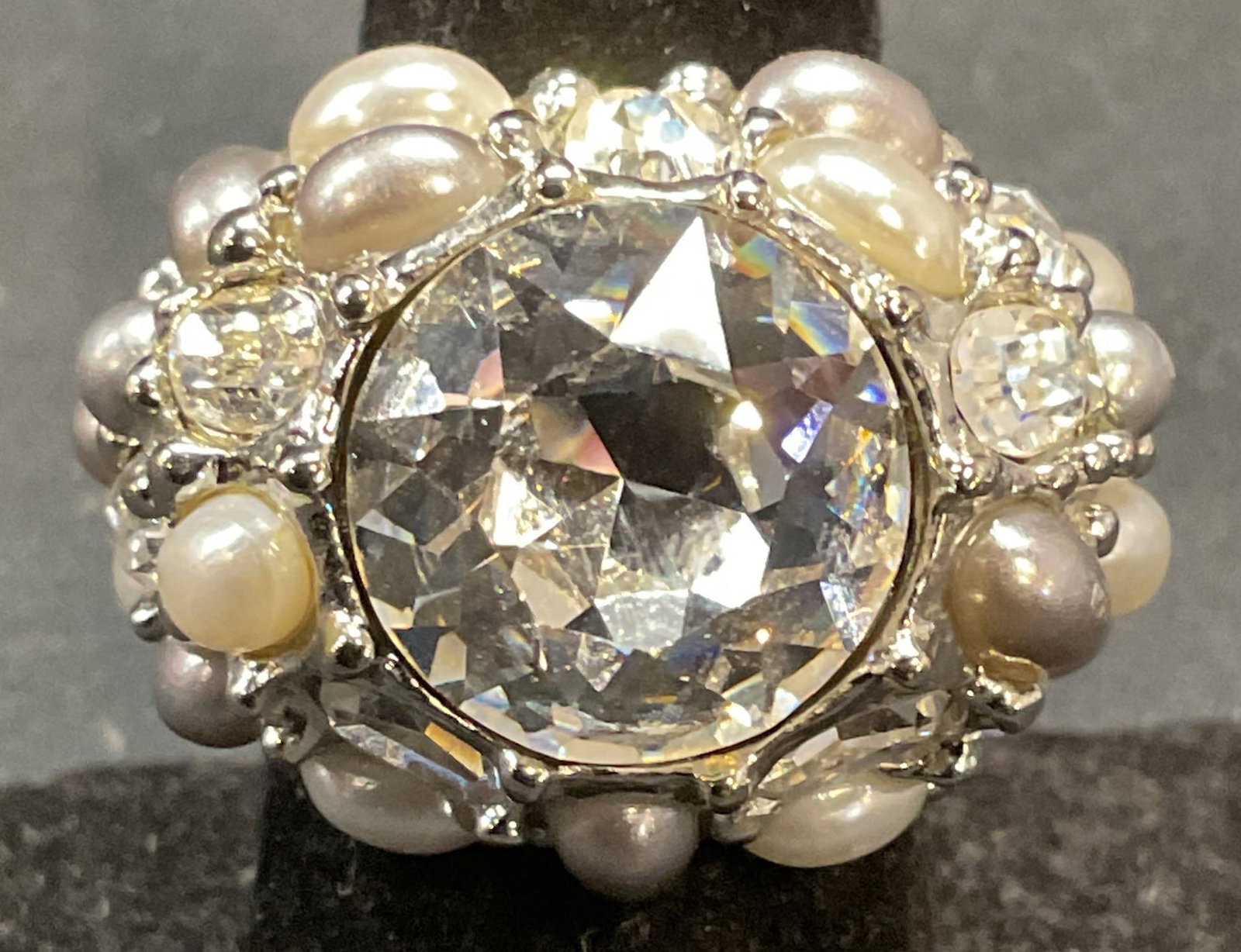 Chicos Silver Tn Faux Pearl Crystal Cocktail Ring (1 of 6)