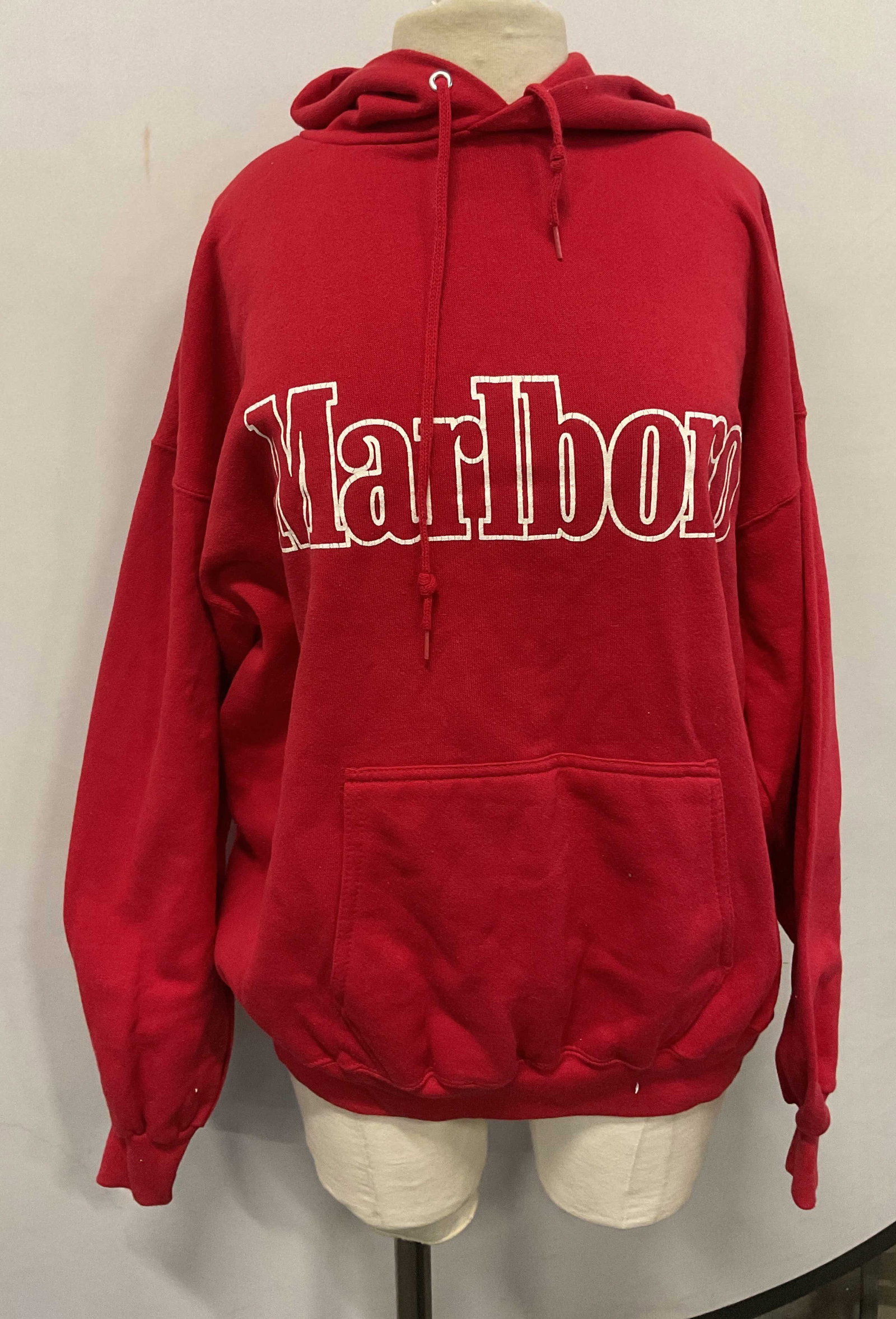 Vintage Tultex Marlboro Red Sweatshirt Hoodie: Vintage Marlboro red sweatshirt hoodie. Sweatshirt label reads Tultex. Size XL. 50% cotton 50% polyester. Some wear to material including wear to print and some blemishes observed. Marlboro, Marlboro