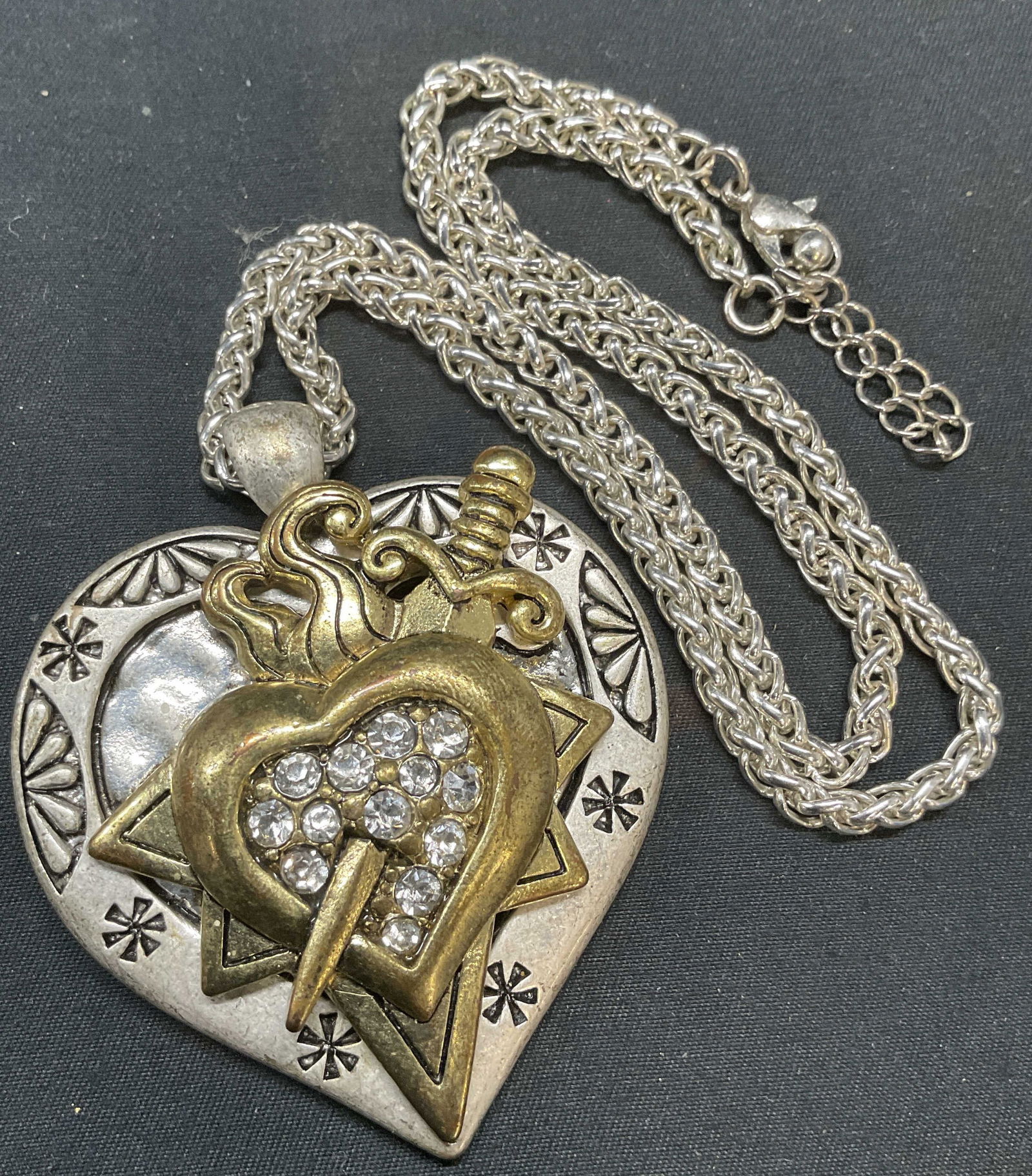 Silver Tn Crystal Heart & Dagger Pendant Necklace (1 of 6)