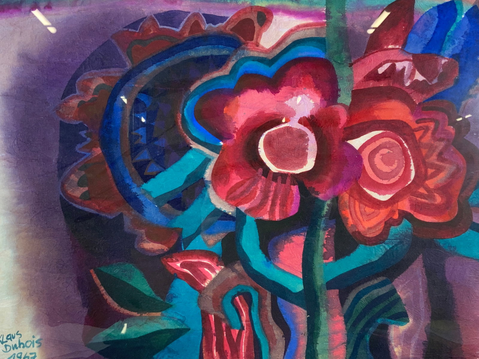 Signed Klaud Dubois Abstract Floral Watercolor: Watercolor on paper. Signed in lower left corner. Art by Klaus Dubois. Dated 1967. Subject depicts abstract flowers and foliage on a multicolor background. Framed In a white Wooden frame. Frame measur