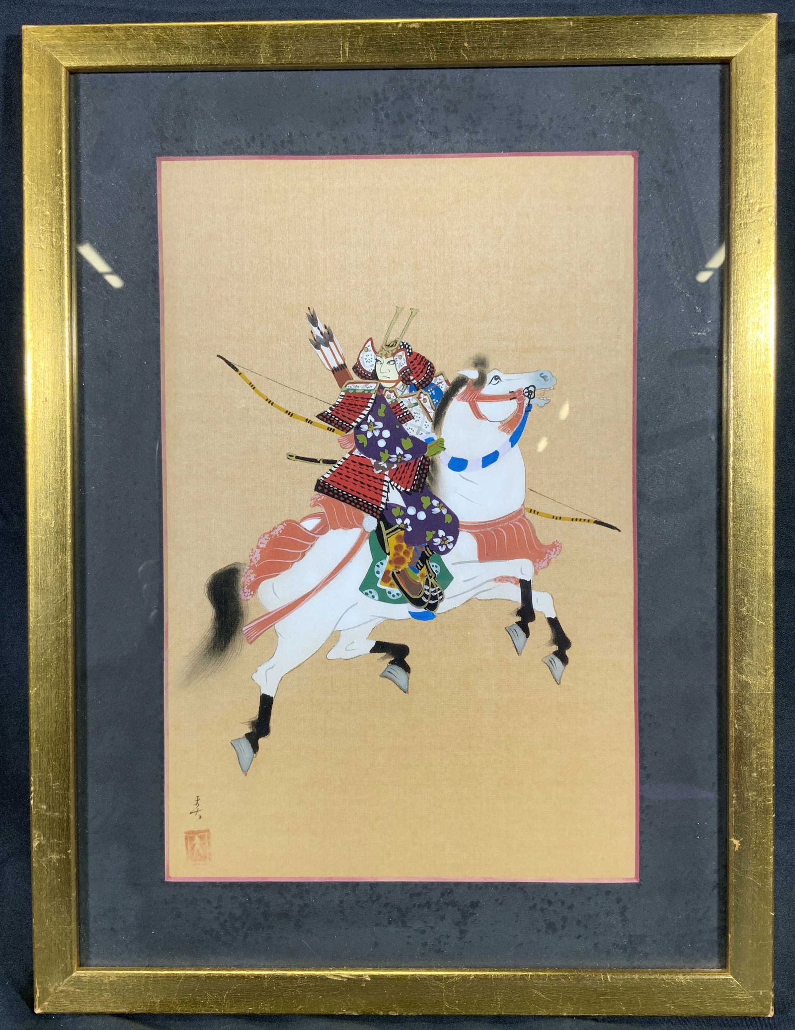Framed Asian Style Samurai Archer Gouache Painting (1 of 10)