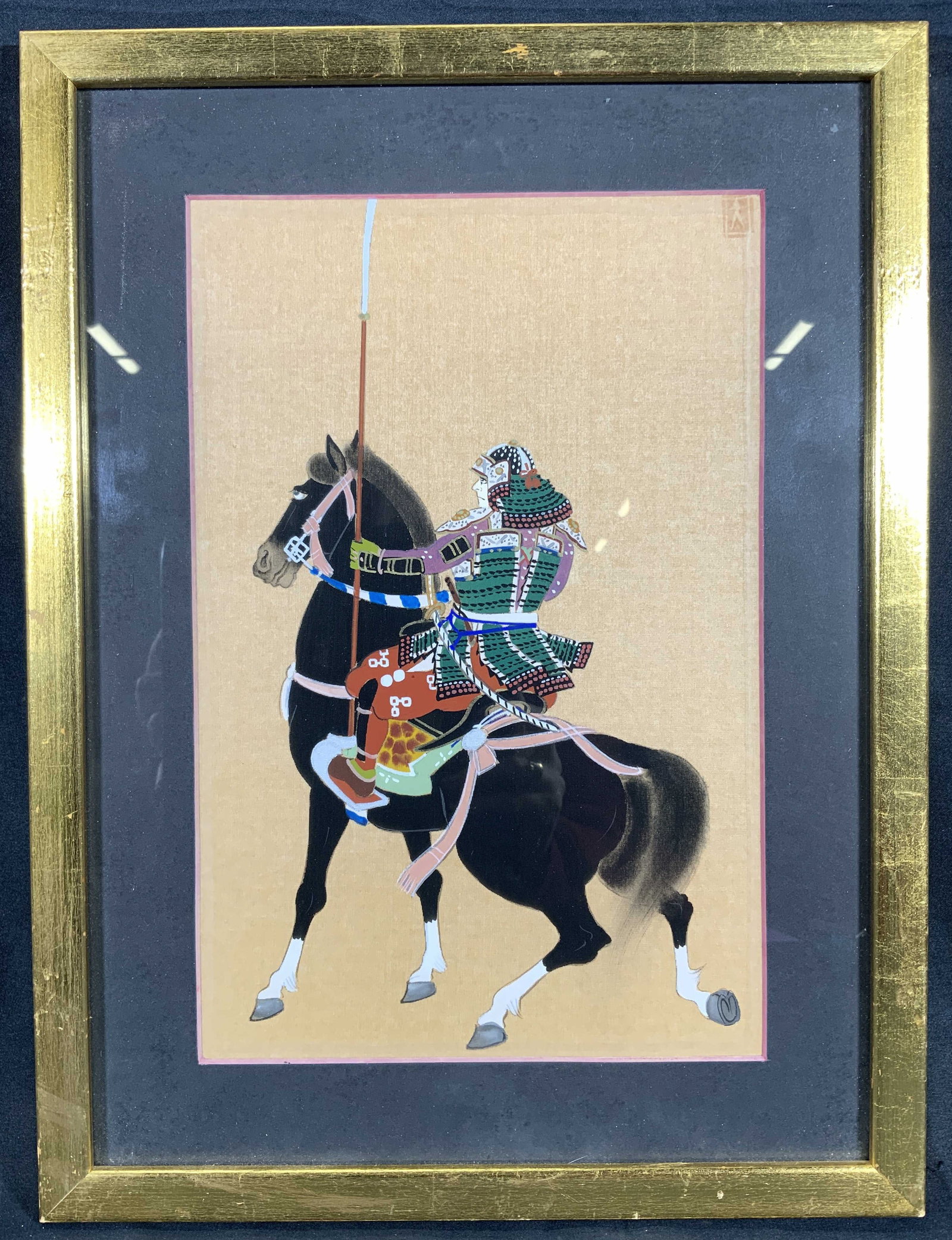 Framed Asian Style Samurai Guard Gouache Painting: Gouache painting on silk. Hanko in upper right corner. Subject depicts a samurai warrior with a naginata on horseback. Framed in a gilt wooden frame. Frame measures approx. 12 W x 16 H in. Window meas