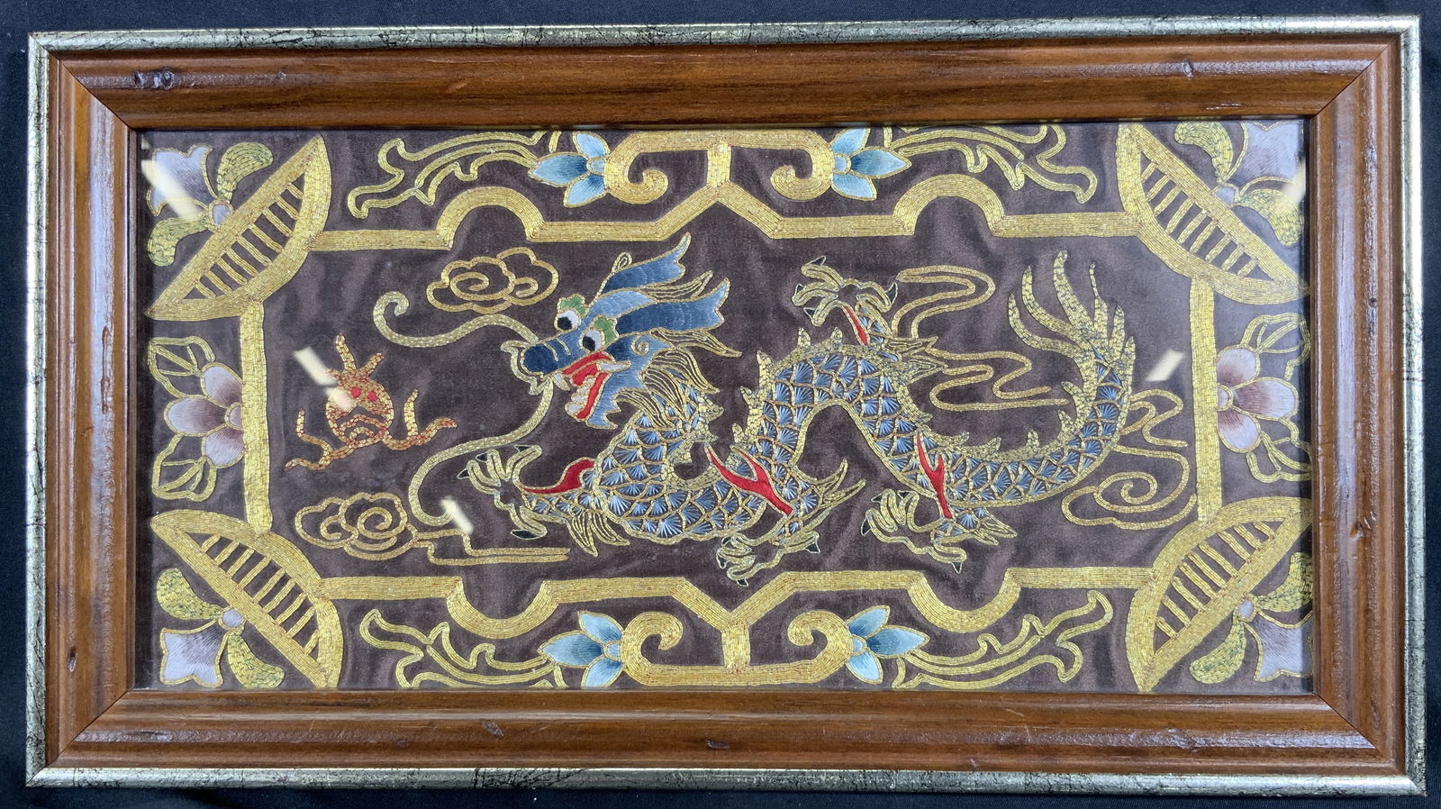 Framed Asian Style Blue Dragon Embroidery on Silk (1 of 8)