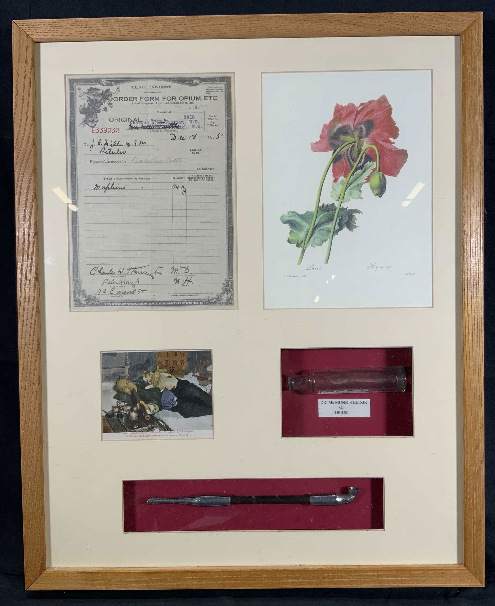 Opium Related Material Shadow Box Collection: Shadow box of opium related materials. Opium pipe, elixir of opium bottle, postcard lithograph of man smoking opium with a cat, lithograph of A poppy plant, doctors prescription slip for opium from 19