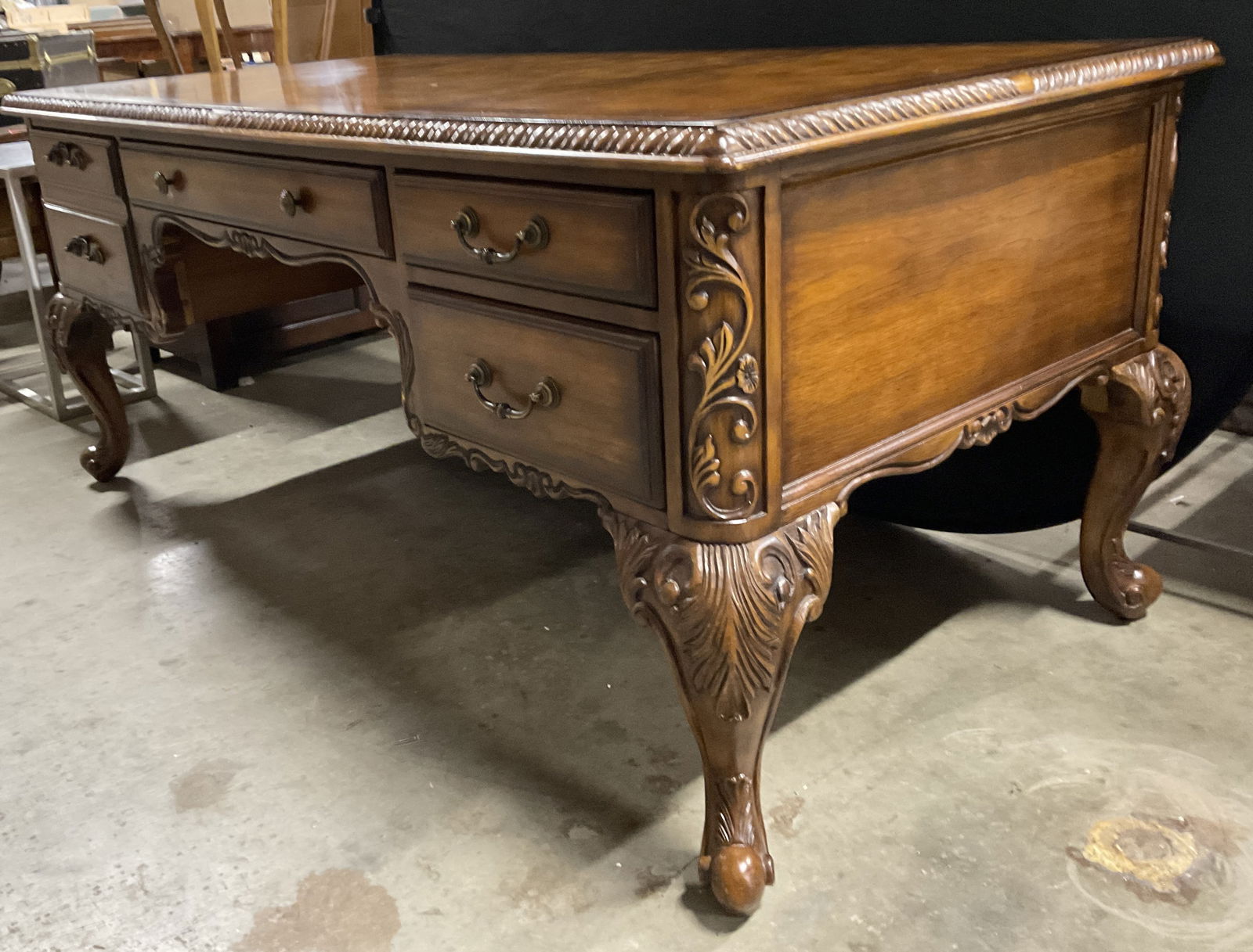 Vntg French Style Carved Wood Desk W/ Scroll Feet (1 of 11)