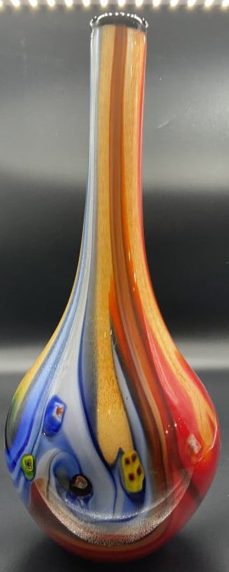 Thick walled Art Glass Swirl Vase: Heavy and thick walled long neck art glass vase, colors of red blue yellow and green with millefiori color block squares through out, possibly mid century modern decorative objects , measures 18 inche