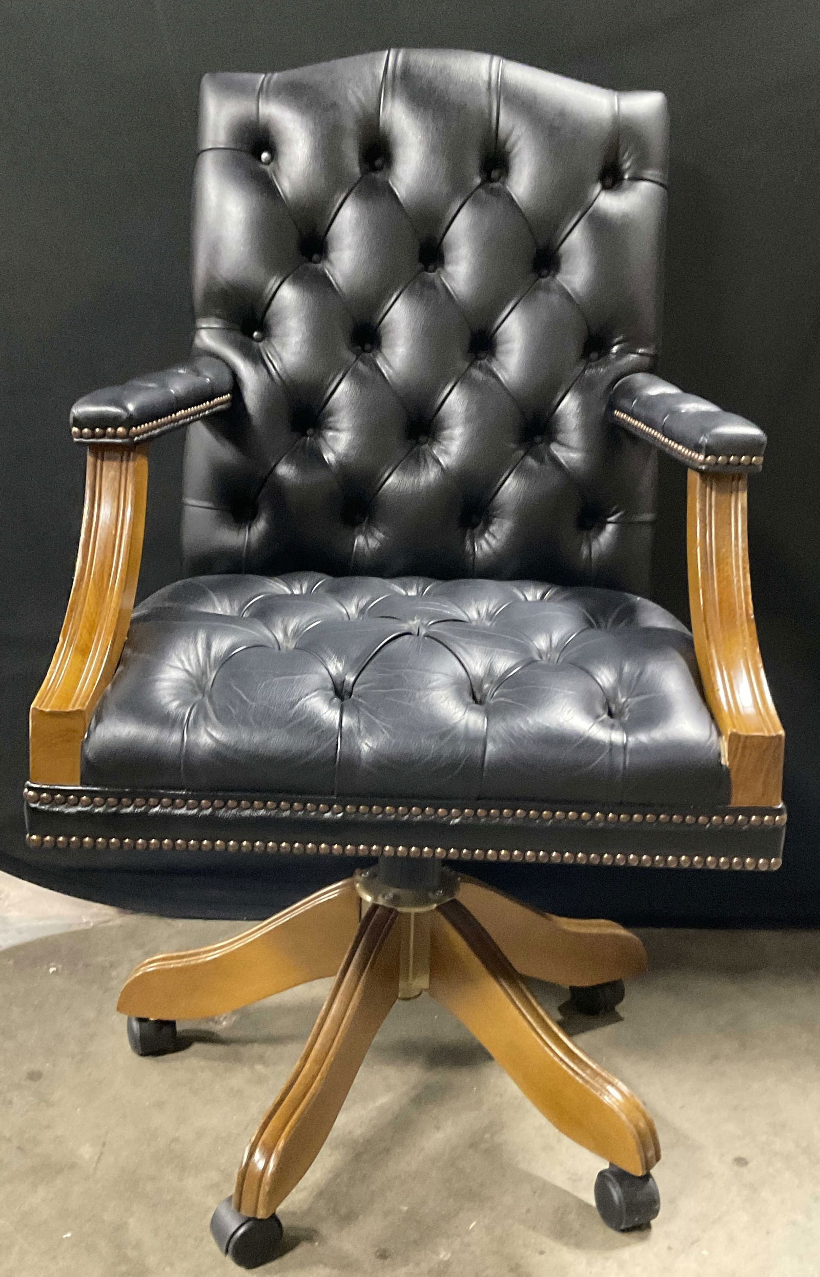 Tufted Black Leather Office Chair On Wheels (1 of 8)