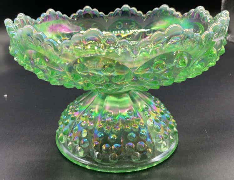 Vintage Green Iridescent Art Glass Pedestal Bowl (1 of 9)