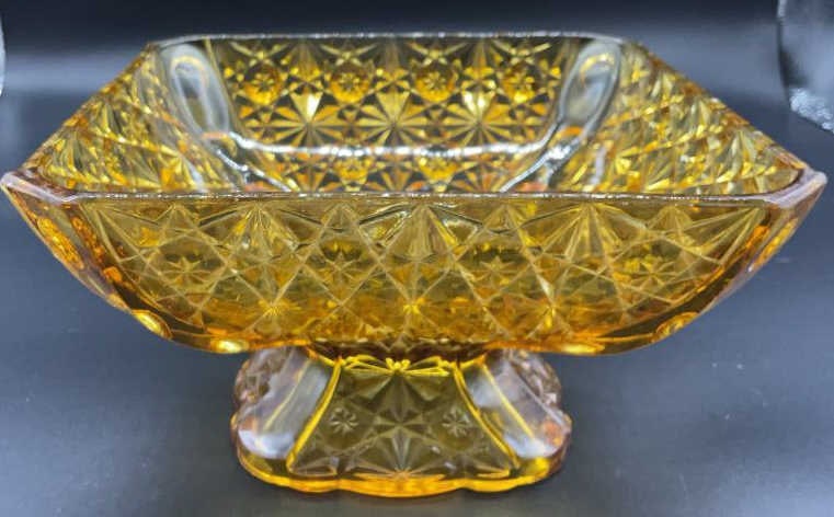Vintage Cut Amber Glass Pedestal Square bowl: Square pedestal bowl on flared square base, vintage amber glass, with cut diamond shapes, fans, circles, and spheres, measures ht 4.5 inches, width and length 8 inches, collectible vintage glass ware,