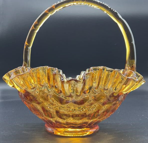 Vintage Amber Glass Thumbprint Ruffle Basket: Possibly Fenton amber glass ruffled rim, thumbprint design collectible art glass bowl, measures approx ht 8 inches diameter app 9 inches, bowl, decorative accessory, collectible vintage glass