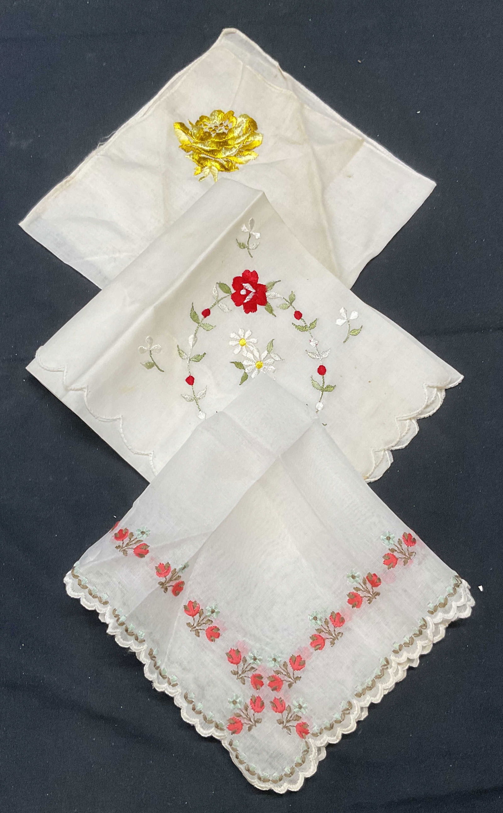 Lot 3 Gondola Embroidered Floral Handkerchief +: Lot of 3 embroidered floral pattern handkerchiefs. 1 piece marked Gondola. All pieces feel like cotton. Largest measures approx. 12 x 14 inches. All pieces have wear to material including blemishes ob