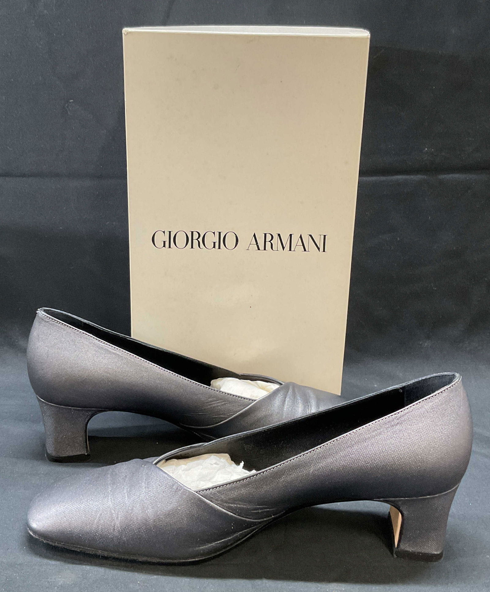 Giorgio Armani Pewter Satin Heels, Box, Italy (1 of 8)