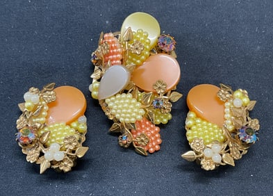 Lot 2 Vintage Yellow Orange Brooch & Earrings