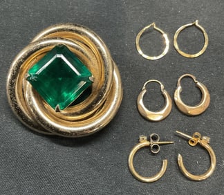 Group 4 Gold Tn Green Crystal Brooch, Earrings