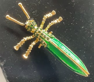 Green enamel and Crystal Grasshopper Brooch