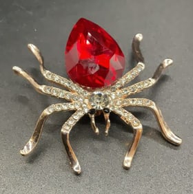 Crystal Glass Rose Gold Tone Spider Brooch