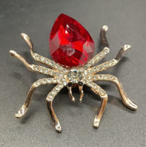 Crystal Glass Rose Gold Tone Spider Brooch: Spider brooch in rose gold tone with red and clear crystal and glass accents, vintage jewelry, estate jewelry, measures app 2.5 by 2.5 inches