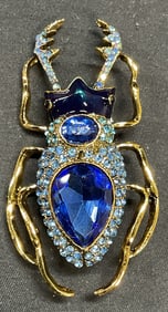 Gold Tone Blue Crystal Beetle Brooch