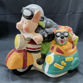 Ceramic Pig & Dog Motorcycle Cookie Jar