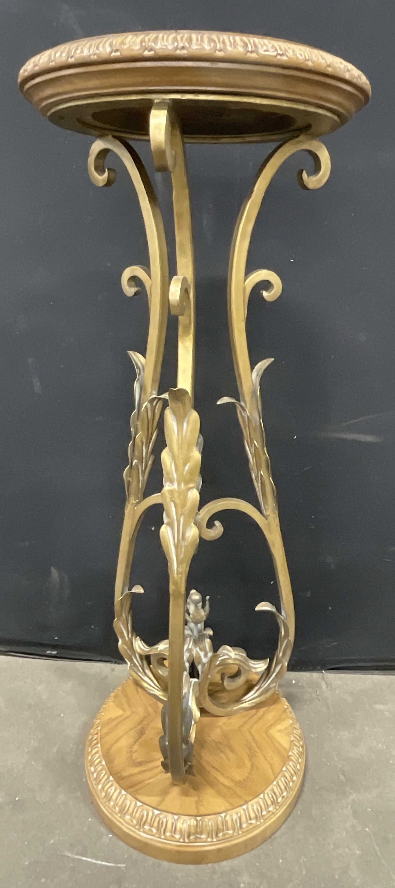 BERNHARDT FURNITURE Gilt Metal & Wood Pedestal: Gilt Metal & Wood Display Pedestal. Scrollwork and foliage motifs to the metal. Measures approx. 43H x 15W in. Wobble to the piece. Surface wear and discoloration to the piece. BERNHARDT FURNITURE sti