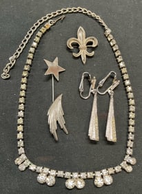 Lot 4 Silver Tone Crystal Necklace, Earrings +