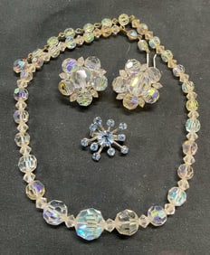 Lot 3 Vtg Crystal Necklace, Earrings, Brooch